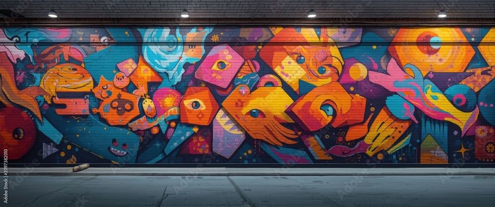 Fototapeta premium Colorful Graffiti Mural with Abstract Shapes - Urban Setting, Nighttime, Vibrant Palette