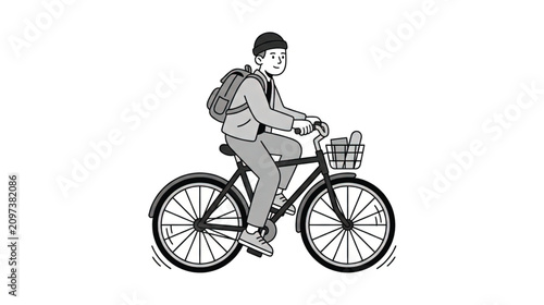 Minimalist Illustration: Young Man Riding Bicycle with Backpack and Basket, Black and White
