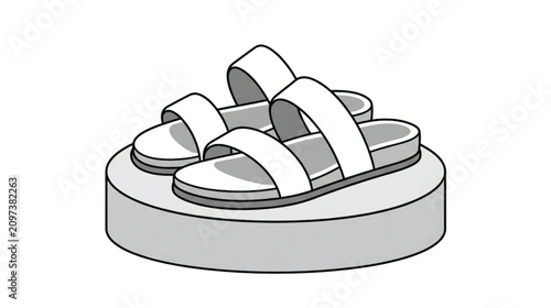 Minimalist Vector Illustration of Elegant White Slip-On Sandals on a Light Gray Pedestal