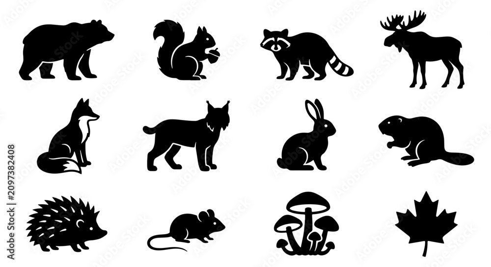 Obraz premium 70 North American Wildlife Silhouette Icons Set, Forest Animals Vector Collection, Woodland Creatures Graphics, Nature Elements, Black and White 100