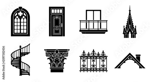 Cuadro en lienzo 70 Architectural Elements Vector Icons: Gothic Window, Ornate Door, Balcony, Spi