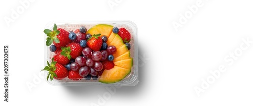 Fresh fruit mix of strawberries, blueberries, grapes, and melon slices arranged in clear plastic packaging on white