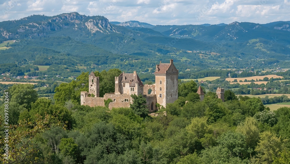 Fototapeta premium Castle Ruins Surrounded by Lush Greenery with Mountains in the Background
