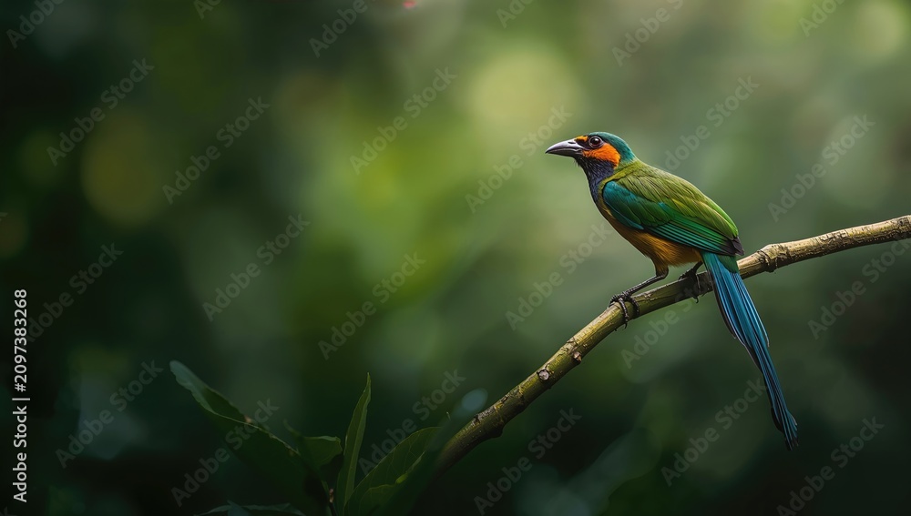 Fototapeta premium Colorful Bird Perched on a Branch Against a Soft Green Background