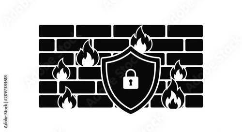 Cuadro en lienzo Firewall with lock black silhouette on white background