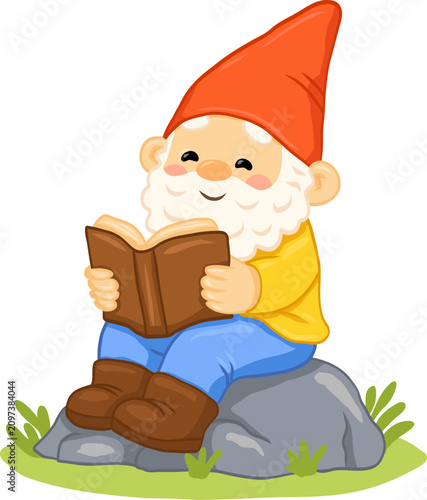 Garden gnome reading a book while sitting on a rock, perfect for library posters, bedtime stories