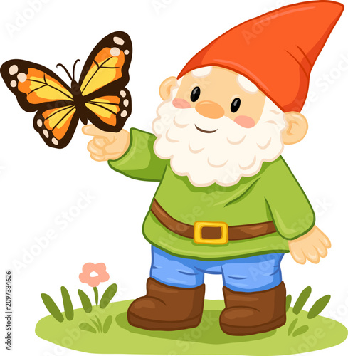 Garden gnome holding a butterfly in a sunny garden, perfect for nature education, greeting cards