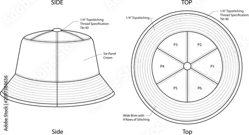 Photos Technical fashion design illustration of a six-panel bucket hat with detailed st