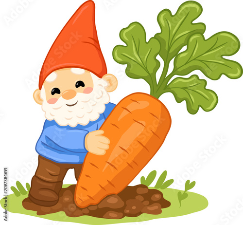 Garden gnome pulling a giant carrot from the garden, perfect for gardening blogs, children's books