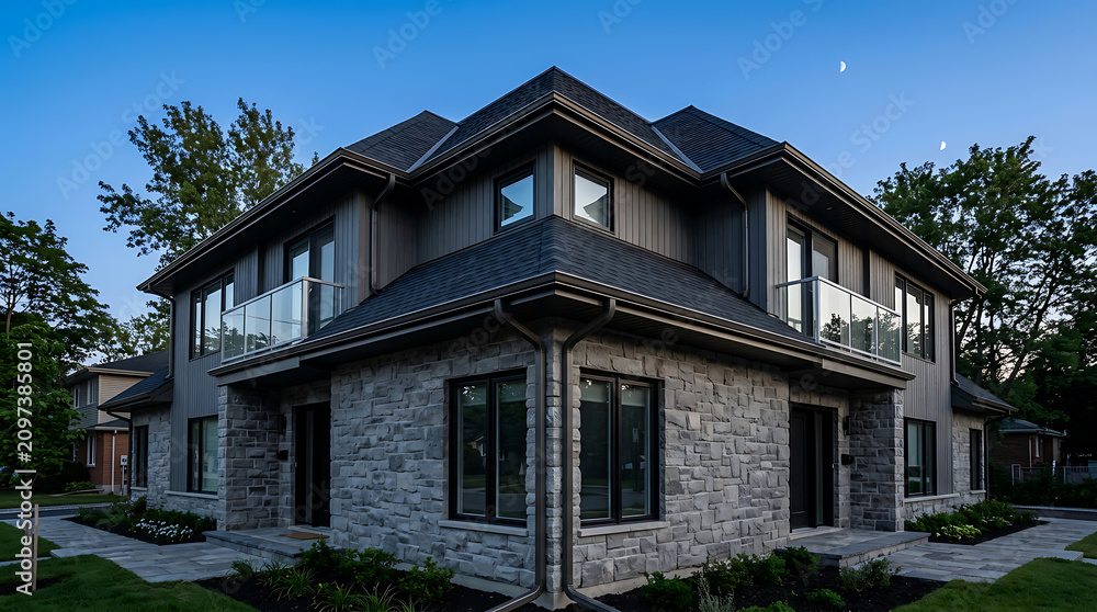 Fototapeta premium Modern two-story residential home featuring contemporary architecture with stone facade and large windows during twilight hours