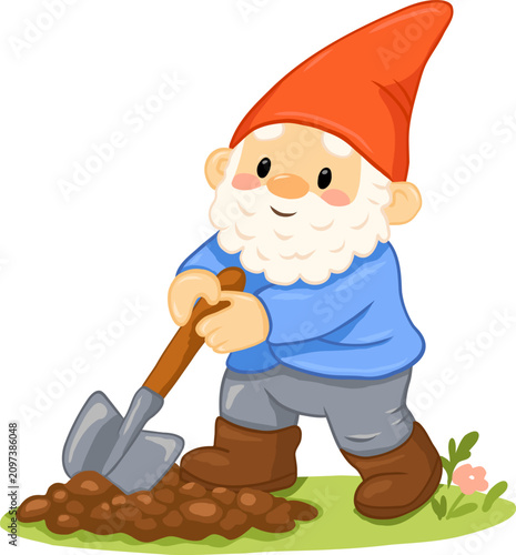 Garden gnome digging soil with a shovel in the garden, perfect for gardening blogs, educational posters