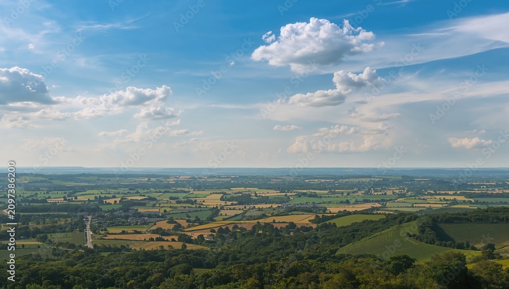 Fototapeta premium Vast Green Countryside Landscape under a Blue Sky with White Clouds