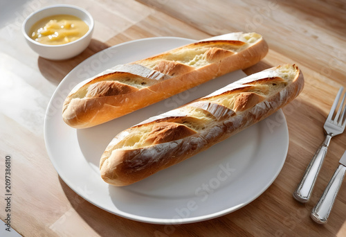 Two fresh baguettes on a wh...