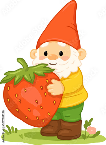 Garden gnome holding a giant strawberry in a grassy garden, perfect for nursery decor, greeting cards