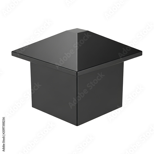 Black square fence post cap with pyramid top on white background. Plastic or metal fencing hardware. Protective cover for garden fence posts