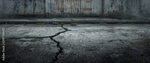 Cracked Concrete Sidewalk Overgrown with Grass Under Gloomy Sky