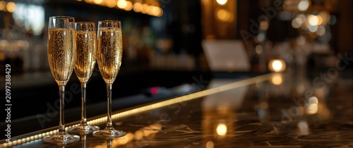 Champagne Flutes Filled with Bubbly on a Bar Counter in Soft Warm Lighting