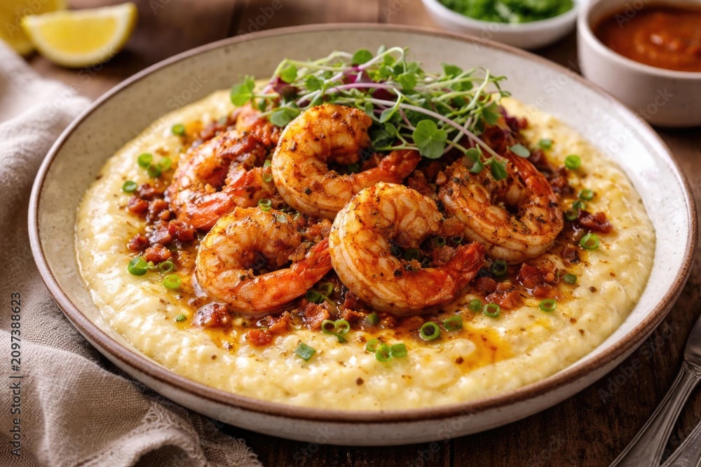 Fototapeta premium Shrimp and Grits Dish Garnished with Fresh Herbs in a Rustic Bowl