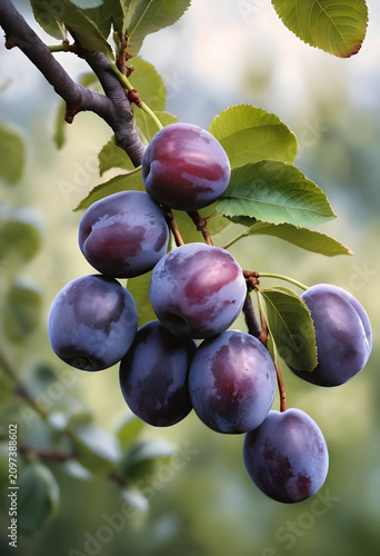 Cluster of ripe plums hangi...