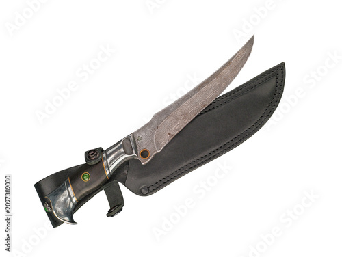Konstfotografi Old iron engraved dagger with his black leather scabbard isolated on white backg