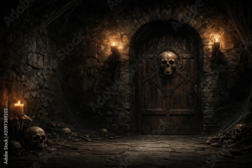 Mysterious Stone Dungeon Entrance with Skull Decor and Flickering Candlelight