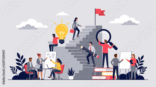 Business Growth and Teamwork Illustration with diverse professionals collaborating using giant lightbulb and stairs, ideal for corporate presentations and startup websites.