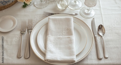 Elegant Table Setting with White Linen Napkin on Plates and Glassware