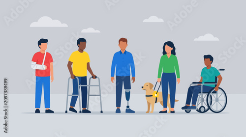 Diverse People with Disabilities Flat Vector Illustration of Individuals Using Mobility Aids and Guide Dog ideal for inclusive healthcare and accessibility awareness.