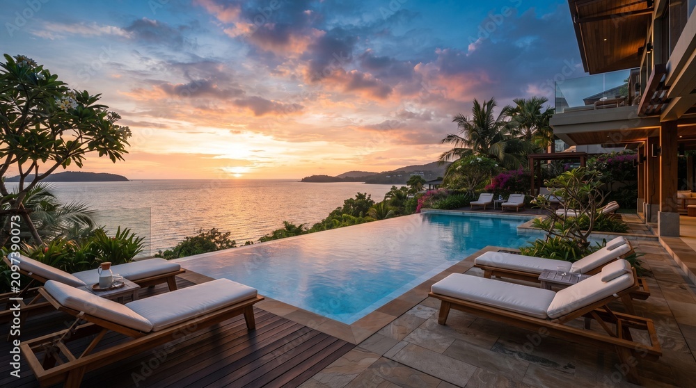 Fototapeta premium Luxury infinity swimming pool overlooking a tropical ocean at sunset with crystal-clear water, elegant modern architecture, and warm golden hour lighting.