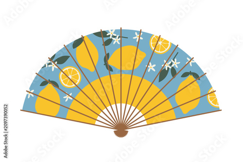 decorative hand folding fan with lemon pattern, design for beauty, fashion, culture, web, app, and graphic design- vector illustration