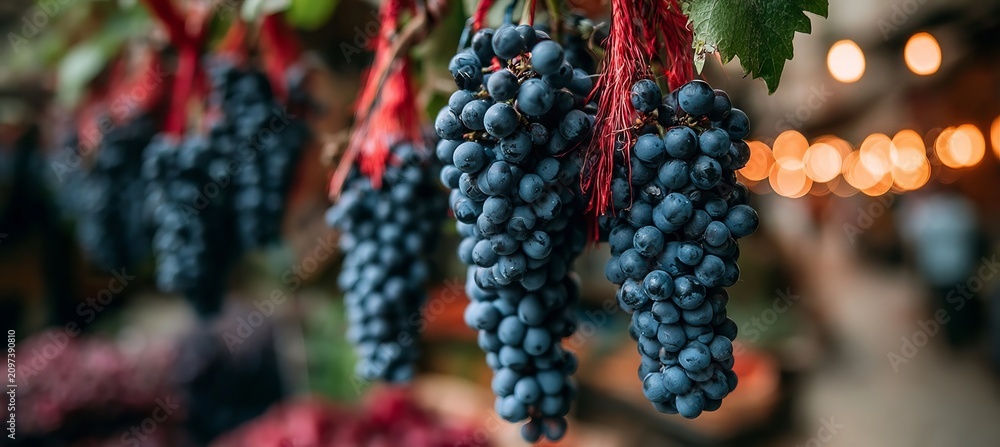 Obraz premium Fresh Clusters of Dark Purple Grapes Hanging for Sale at a Picturesque Heritage Street Food Market