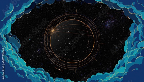 Celestial Orbit Illustration with Stars - Night Sky View in Cloudy Frame, Vibrant Colors