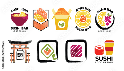 Japanese restaurant sushi bar logo design set vector illustration with rolls torii gate gyoza box and asian food icons