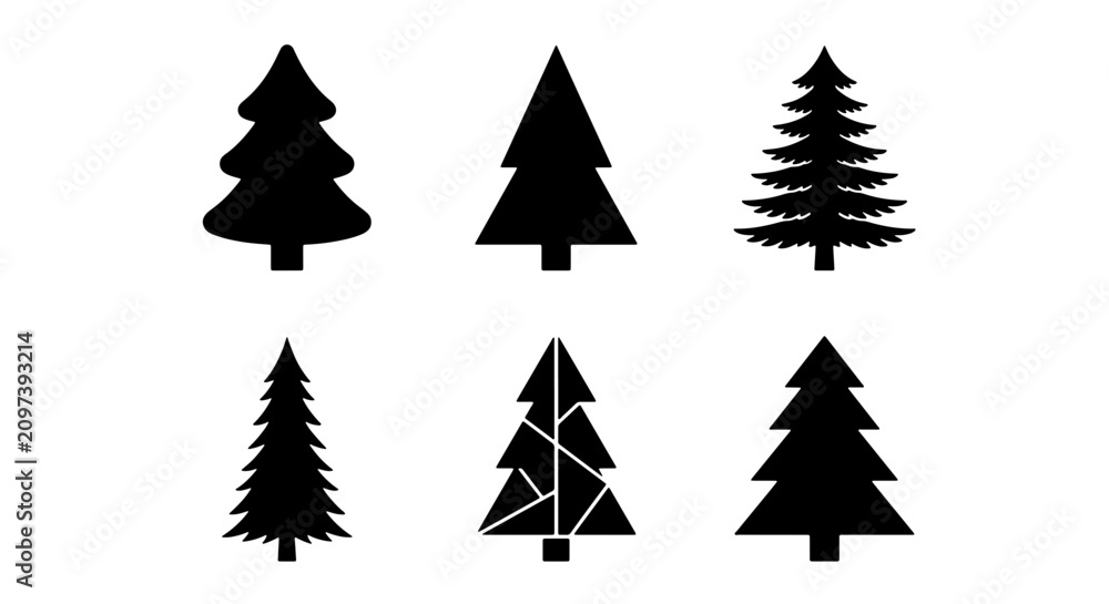 Obraz premium 70 Six Silhouette Christmas Tree Vector Icons, Festive Evergreen Forest Shapes, Winter Holiday Decoration Elements, Black and White Seasonal Graphics 100