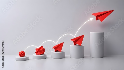 Idea evolution from failure to success red paper plane flying upward on graph representing business growth and creative process progress