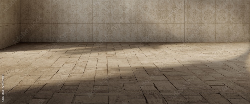 Fototapeta premium Empty Room Interior with Textured Walls and Wooden Flooring in Soft Light