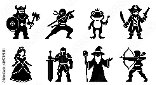 Canvastavla 70 Pixel Art Game Characters Vector Set: Viking, Ninja, Frog Prince, Pirate, Pri