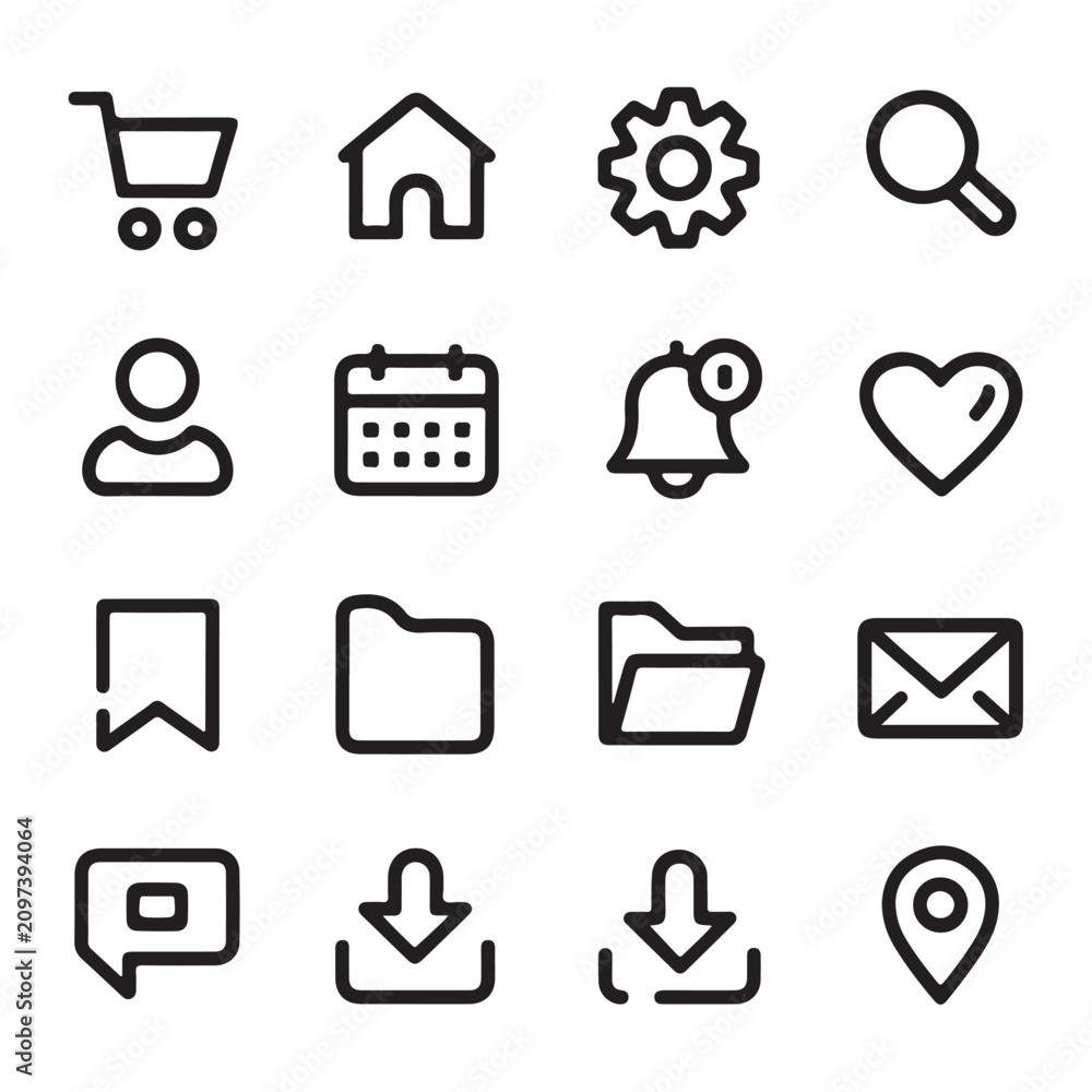 Fototapeta premium A collection of 16 black outline representing common user interface on a white background