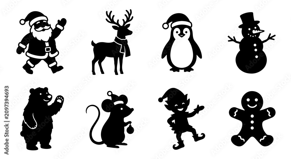 Obraz premium 70 Christmas Icons Vector Set: Festive Characters Silhouette Collection for Holiday Design, Santa Claus, Reindeer, Penguin, Snowman, Bear, Elf, Gingerbread Man 100
