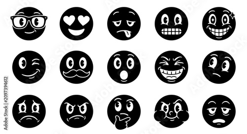 Fotografie 70 Retro Cartoon Emoticons Set, Vintage Emoji Faces Collection, Black and White