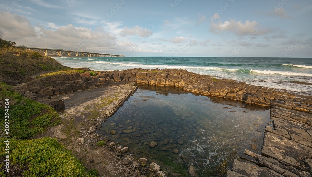 Obraz premium Rocky Coastal Pool with Ocean Waves and Bridge Under Cloudy Sky