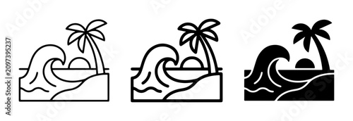 Obraz na płótnie 70 Tropical Beach Icons, Ocean Wave and Palm Tree Graphics, Sunset Seaside Vecto