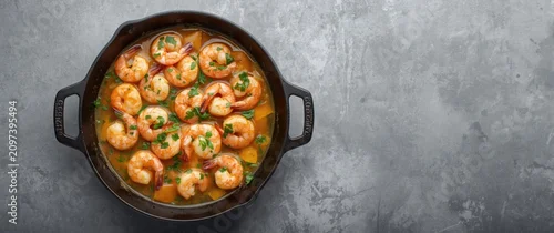 Panel kuchenny z motywem Shrimp Dish in a Cast Iron Skillet on a Gray Background