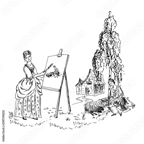 Φωτογραφία Women artist in a crinoline paints a picture of a sleeping shepherdess under a tree; a black vector illustration of rural life