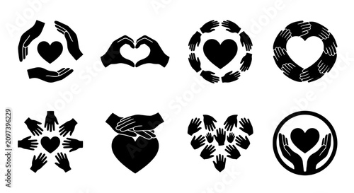 Photography 70 Set of 8 Heart and Hand Icons, Vector Graphics for Charity, Love, Support, an