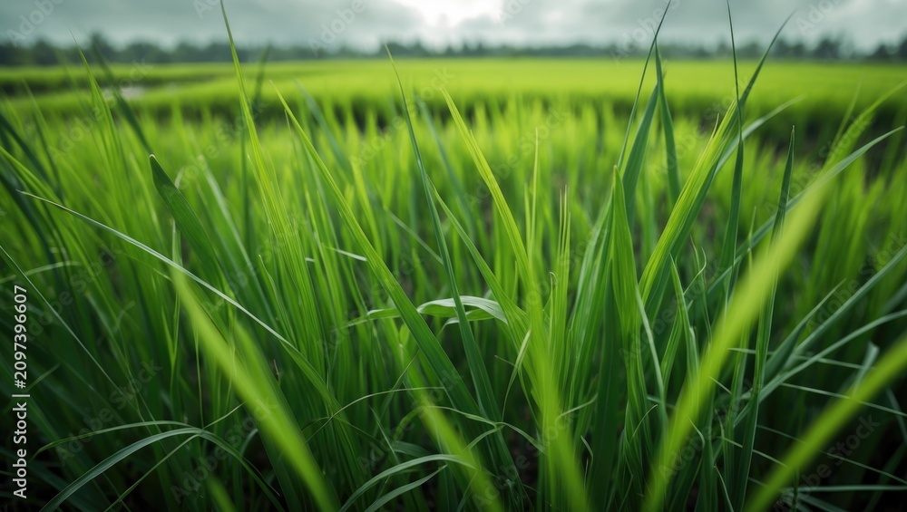 Obraz premium The extensive green grass extends beneath a clear sky, softly moving in the breeze. The tranquil landscape provides a peaceful retreat, with nature's simplicity fostering a calming, quiet environment.
