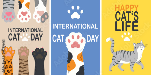 Cuadro en lienzo International Cat Day posters hand drawn vector illustration with diverse paws a