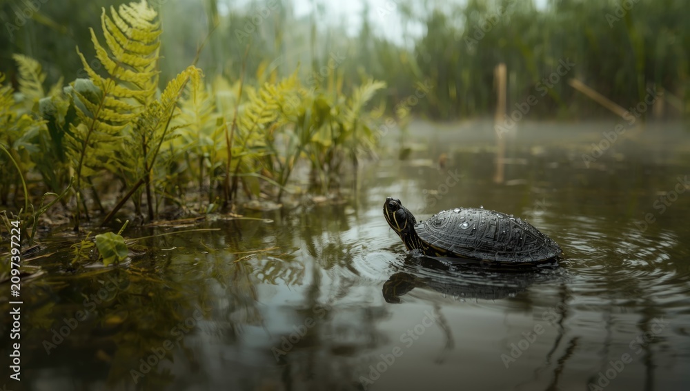 Fototapeta premium Turtle Swimming in a Calm Pond Surrounded by Ferns on a Misty Morning