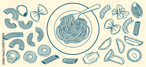 Bild auf Leinwand Minimalist hand drawn Italian pasta vector set featuring spaghetti varieties, bl