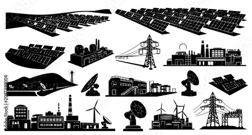 Industrial and Renewable Energy Infrastructure Silhouette Set
